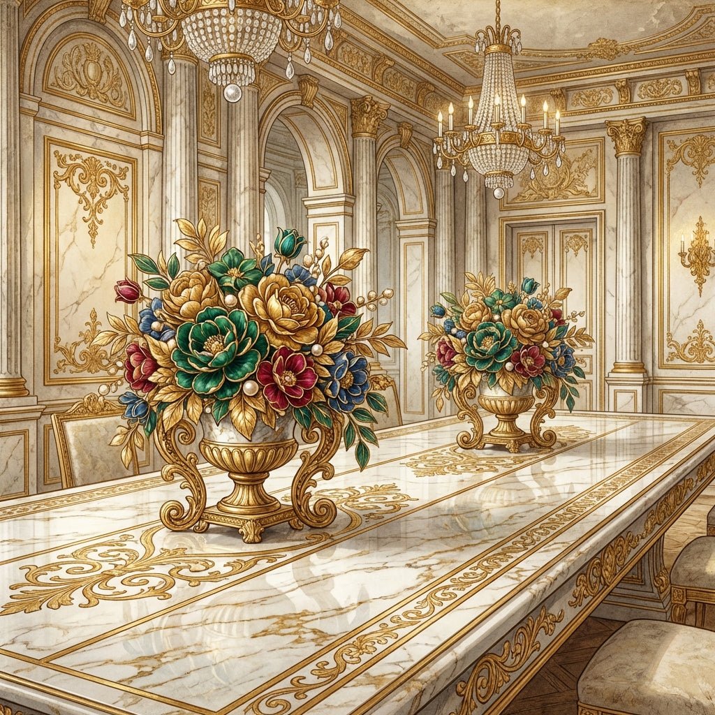 Elegant boardroom with a large conference table featuring a sophisticated floral arrangement.