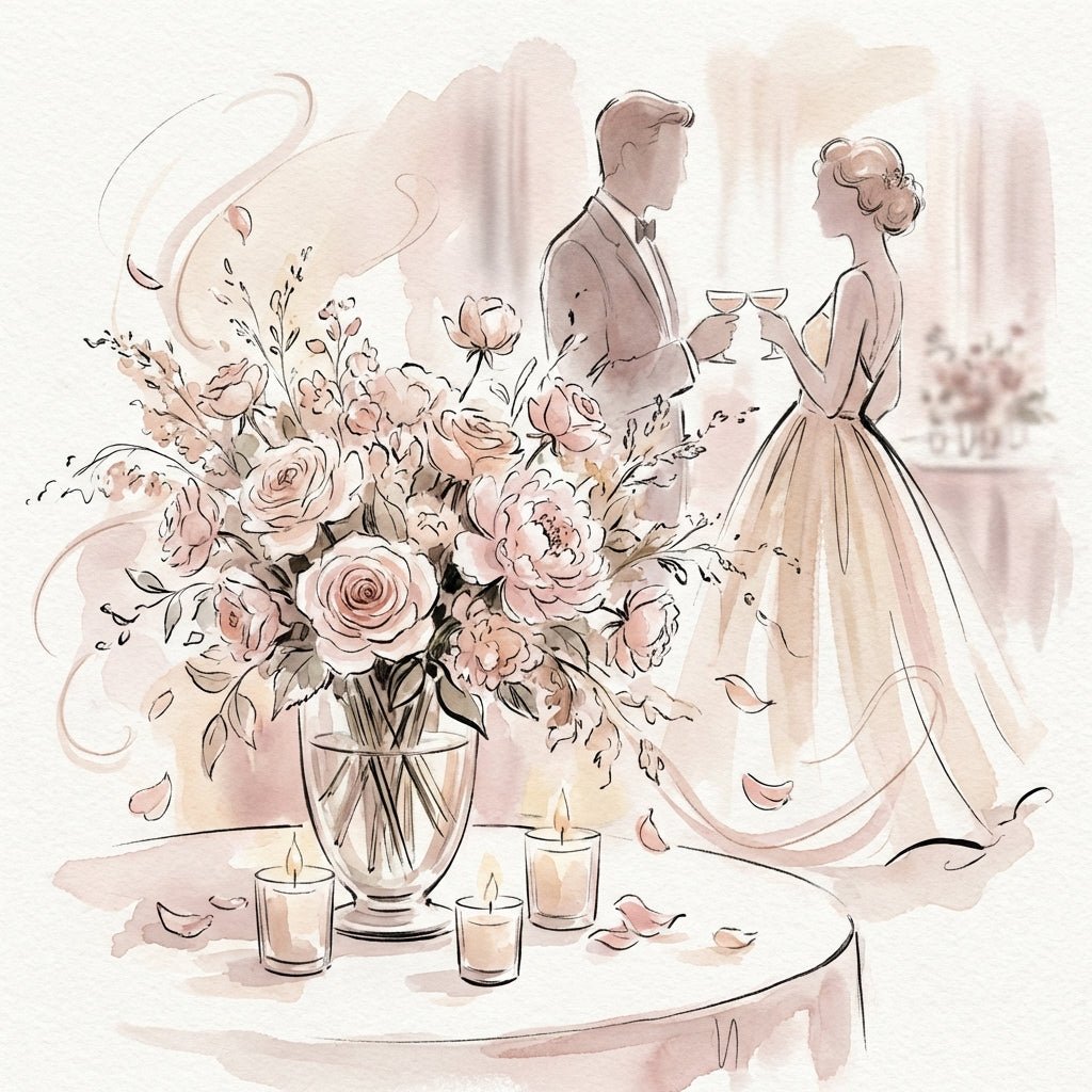 Romantic couple on a date night with a beautiful flower arrangement on the table.