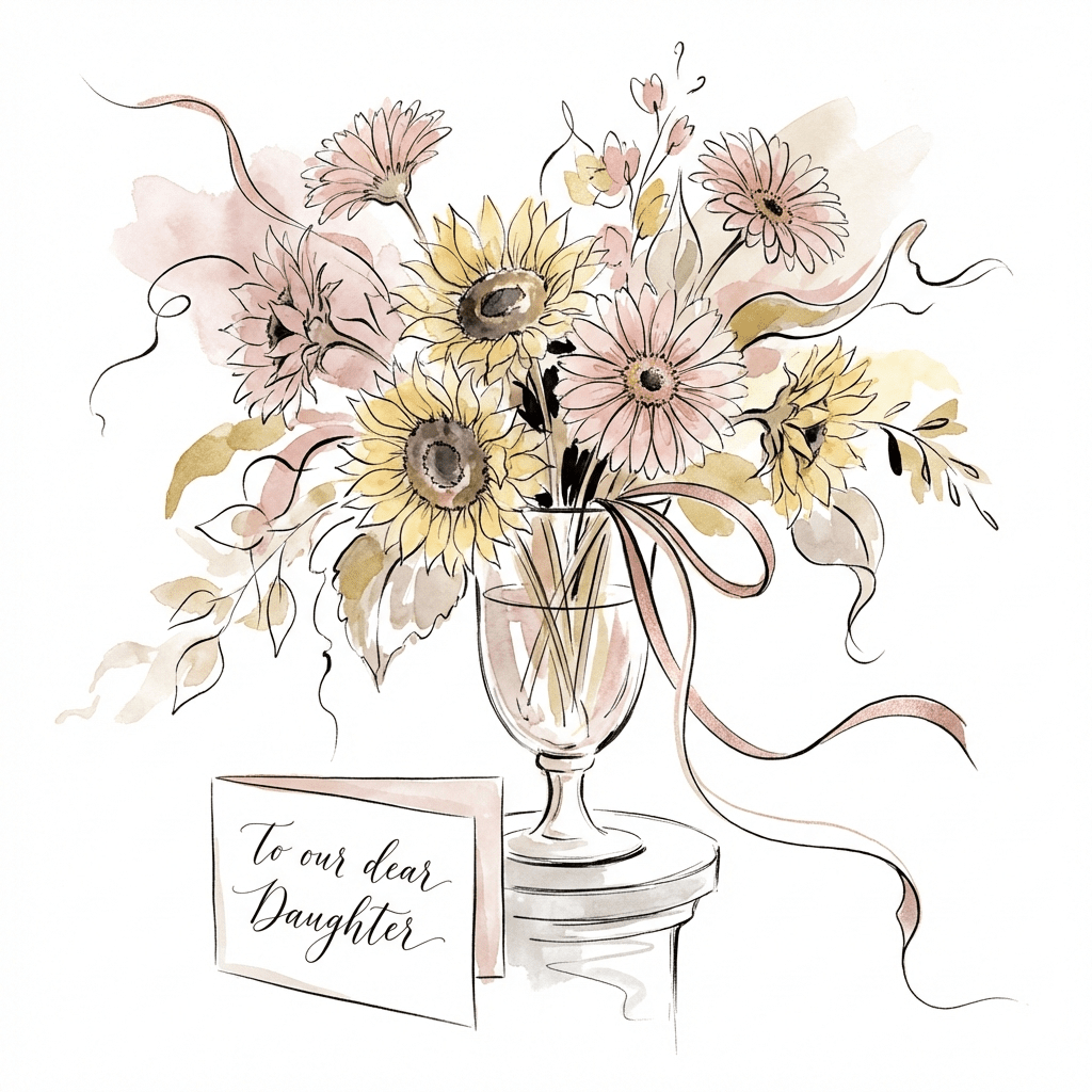 Cheerful bouquet of sunflowers and gerbera daisies for a daughter's birthday