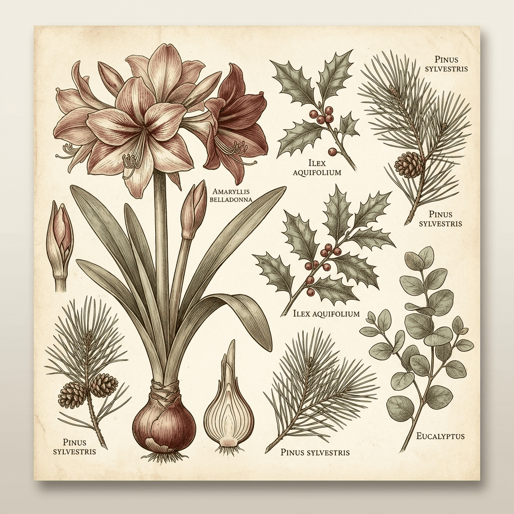 Elegant December corporate event floral arrangement with amaryllis and winter greens.