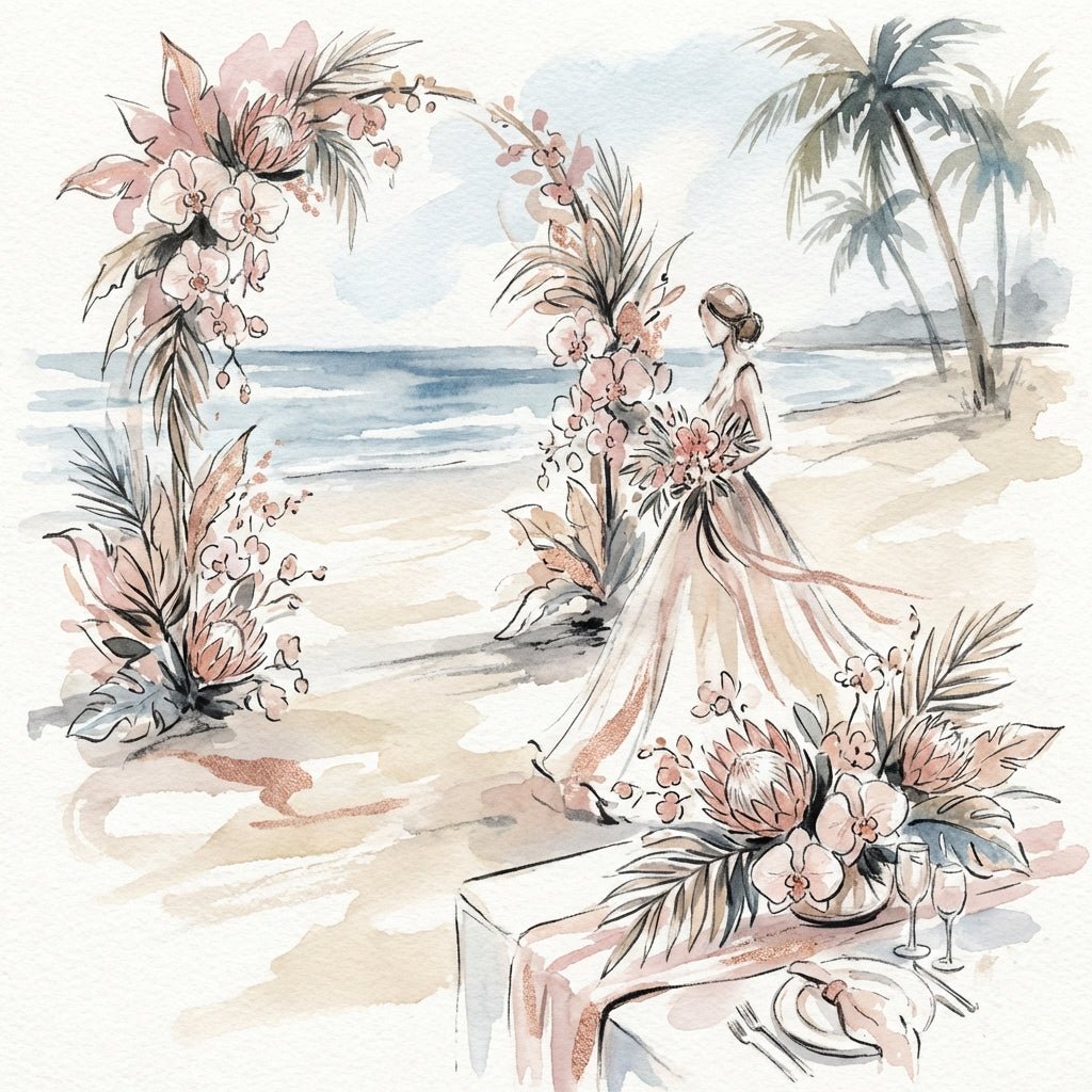 Stunning destination wedding flower arrangements on a tropical beach.