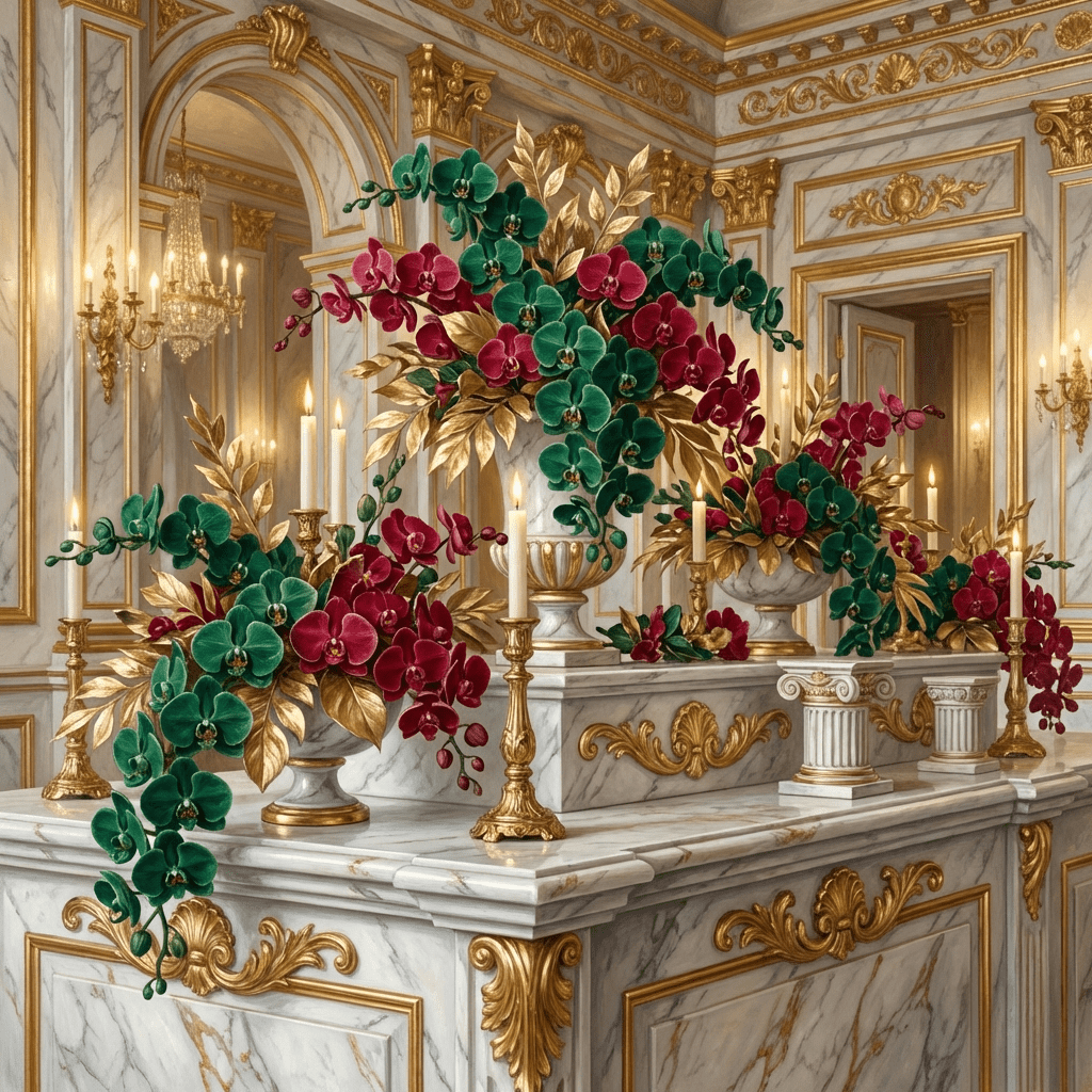 Stunning dinner party centerpiece with orchids and candles