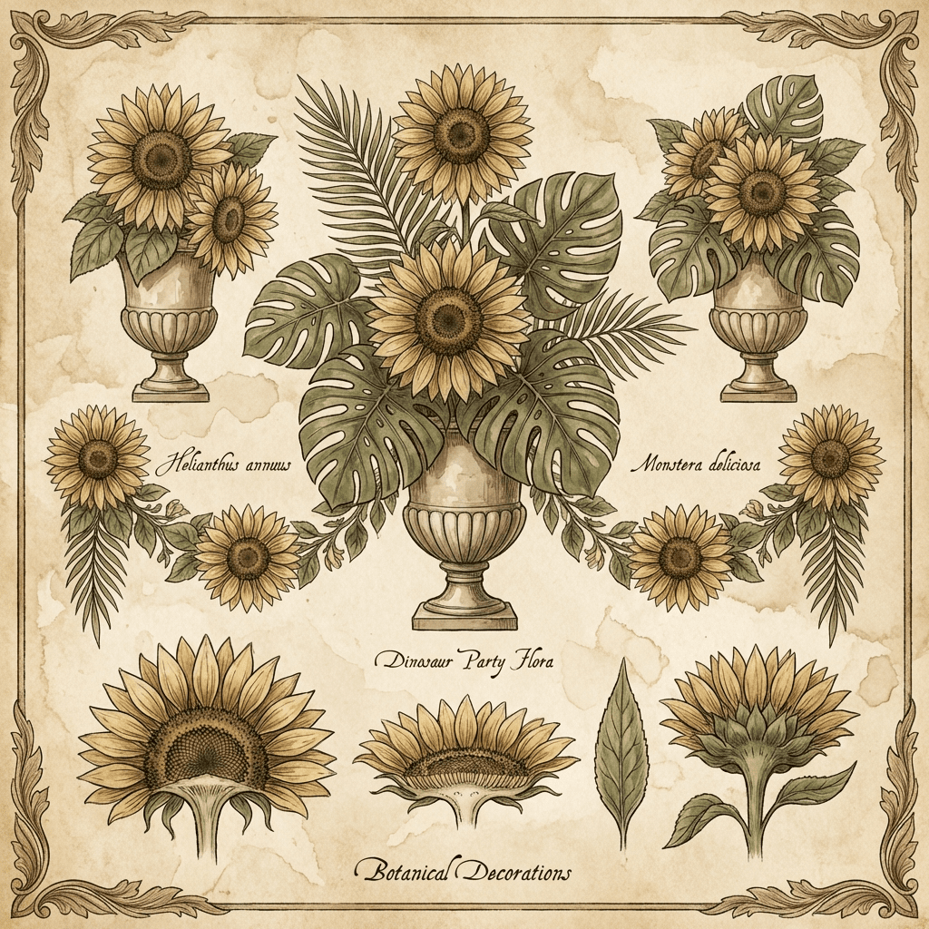 Dinosaur party flower decorations featuring sunflowers and tropical leaves.