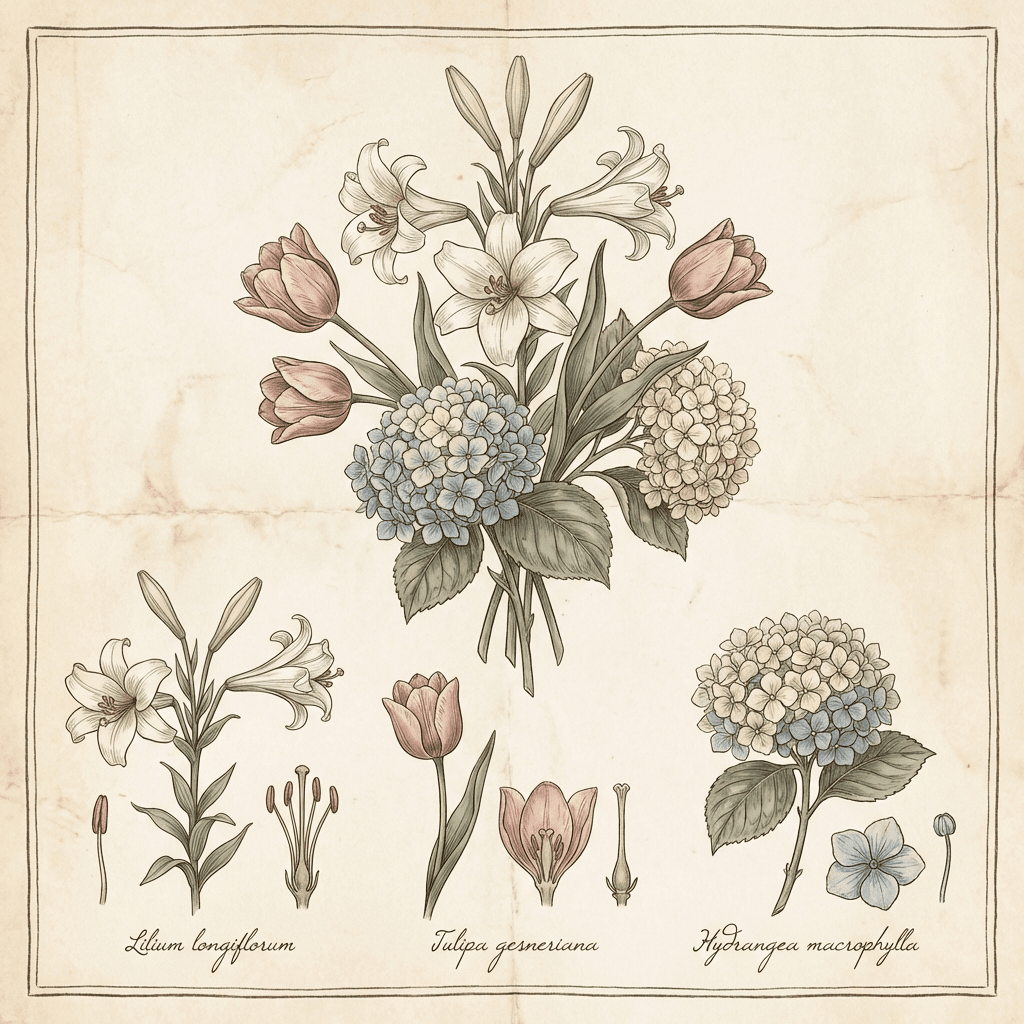 Elegant Easter church flower arrangement with lilies, tulips, and hydrangeas.