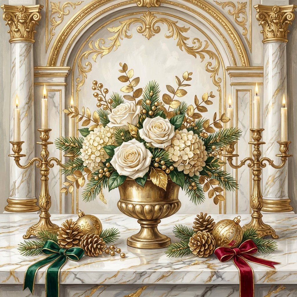 Elegant Christmas dinner centerpiece with white roses and gold accents