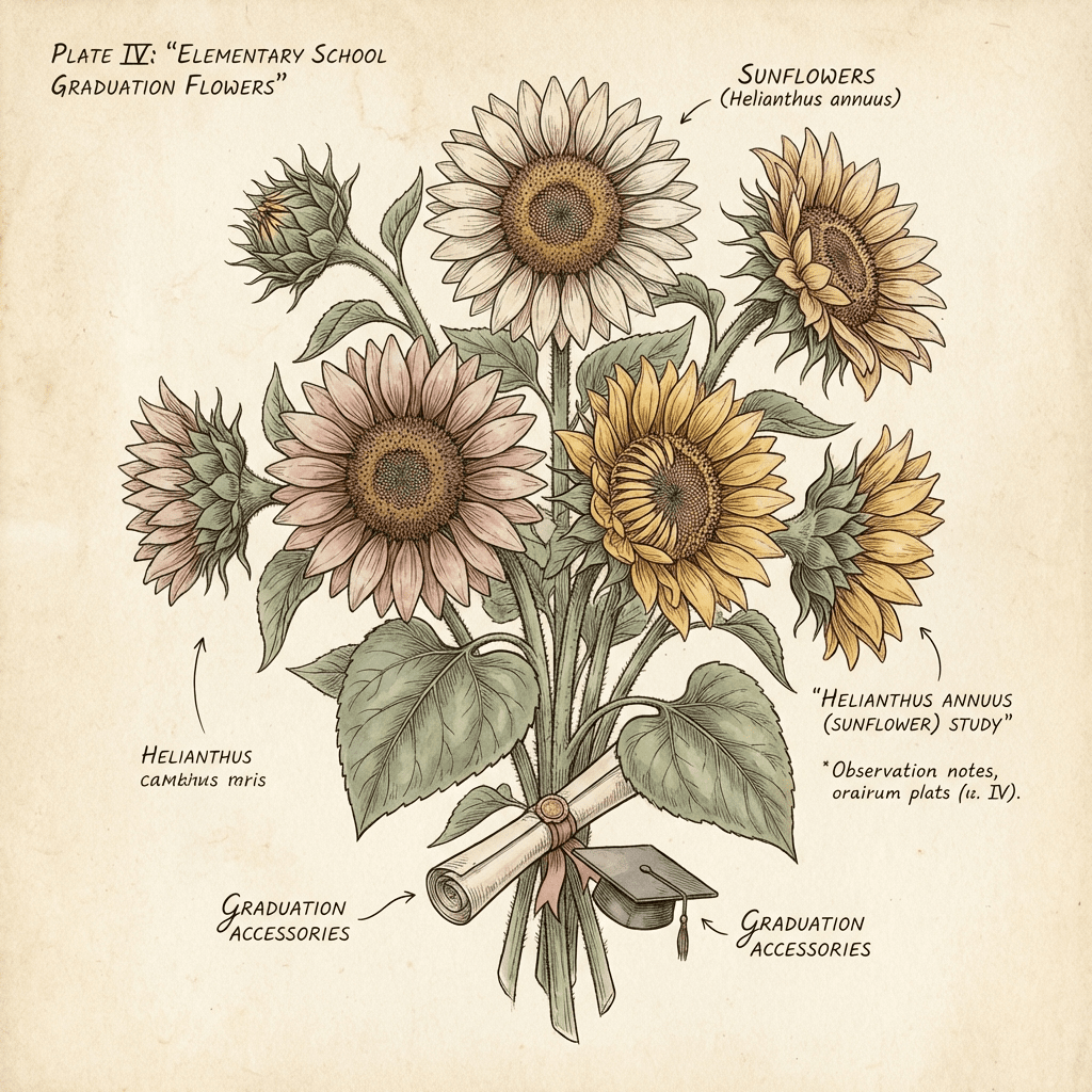Cheerful sunflower bouquet for elementary school graduation celebration.