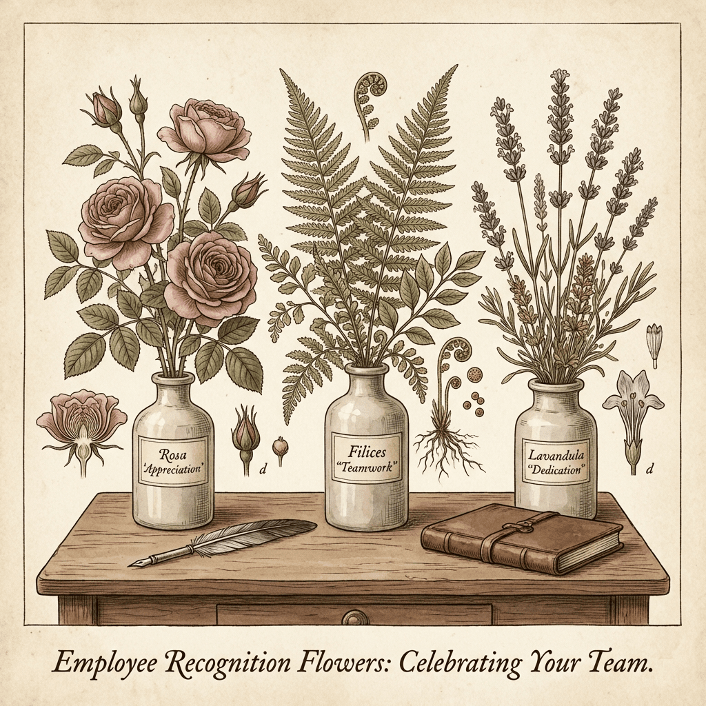 Employee recognition flowers arranged in a modern office setting.