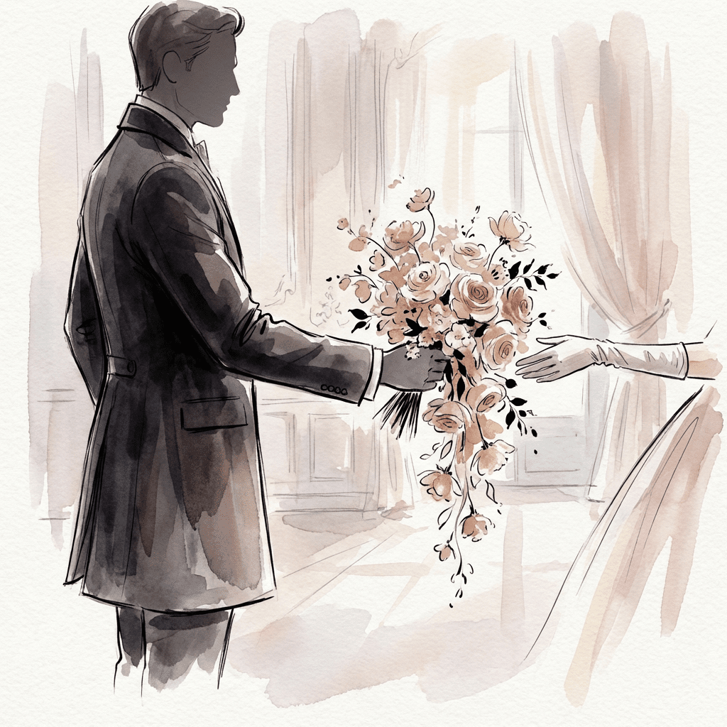 Man holding a bouquet of engagement flowers for woman
