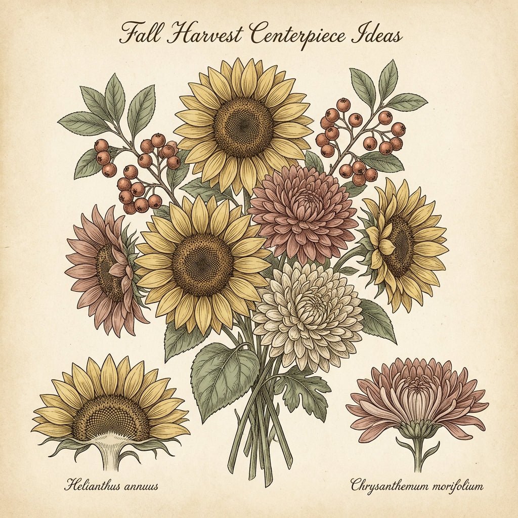 Stunning Fall harvest centerpiece featuring sunflowers, chrysanthemums, and berries.