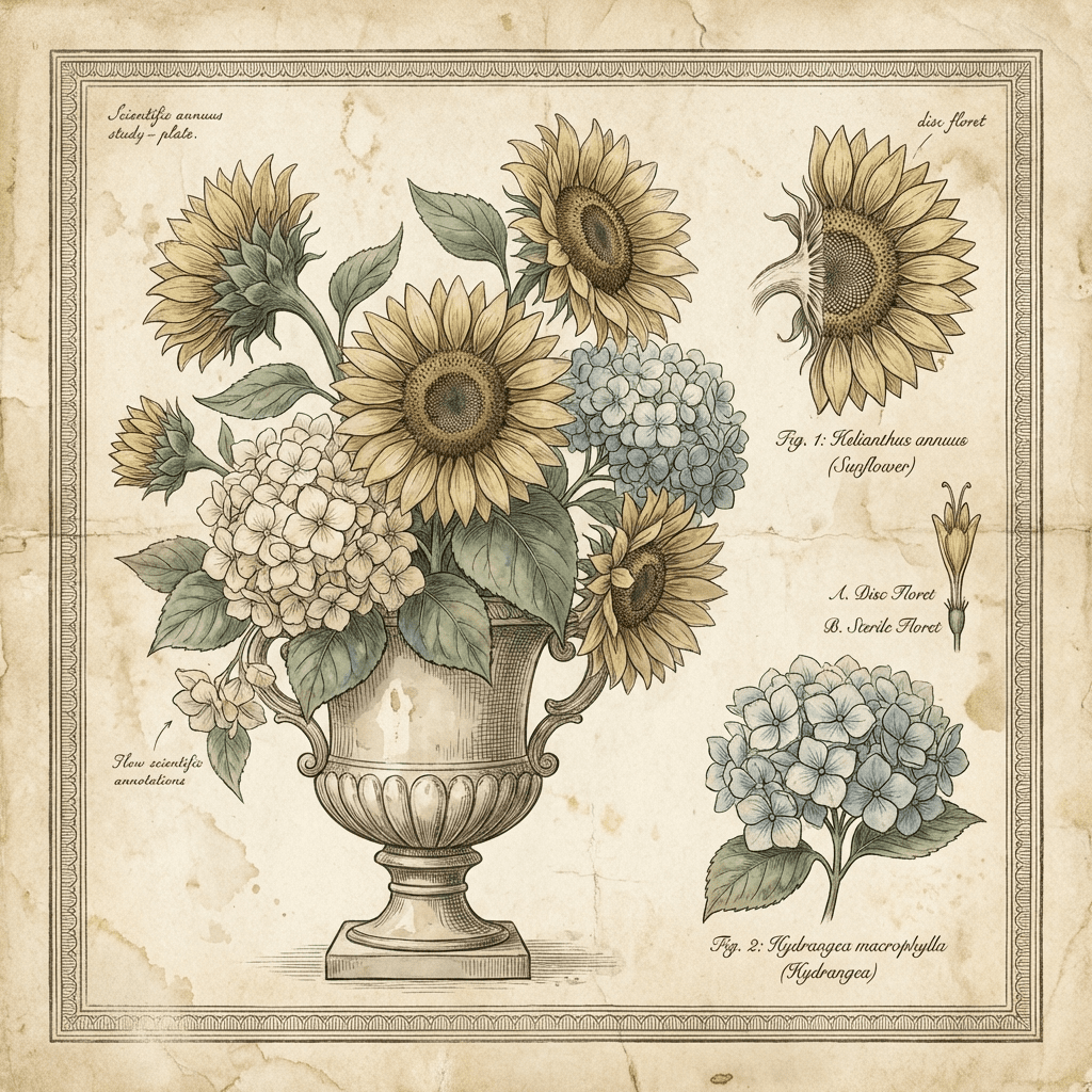 Beautiful family reunion flower decorations with sunflowers and hydrangeas