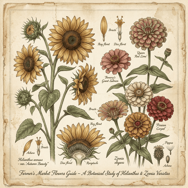 Cheerful arrangement of sunflowers and zinnias from a farmers market