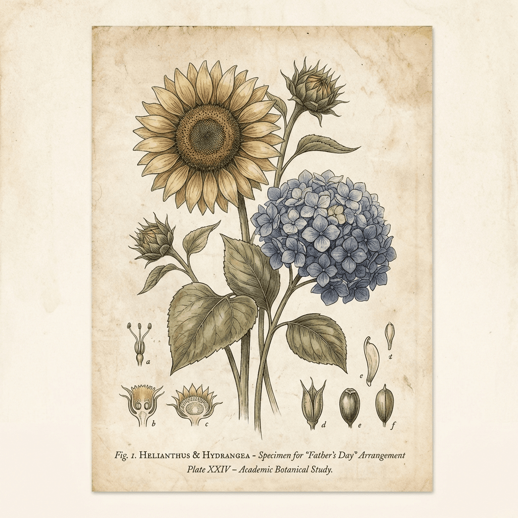 Father's Day flower arrangement with sunflowers and blue hydrangeas.
