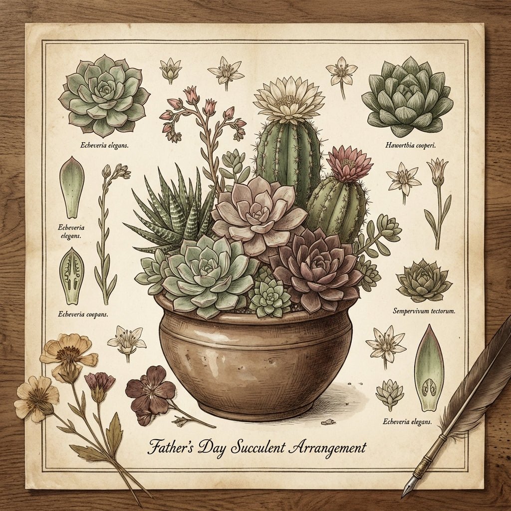 Stylish Father's Day succulent arrangement on a desk.