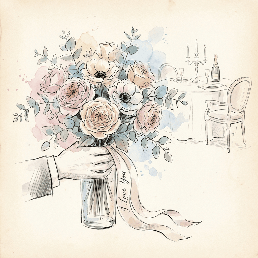 Romantic couple celebrating their first dating anniversary with a beautiful flower bouquet.