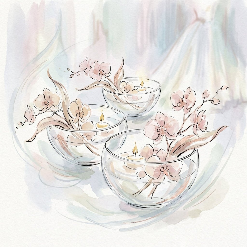 Elegant floating flower centerpieces with orchids and candles.