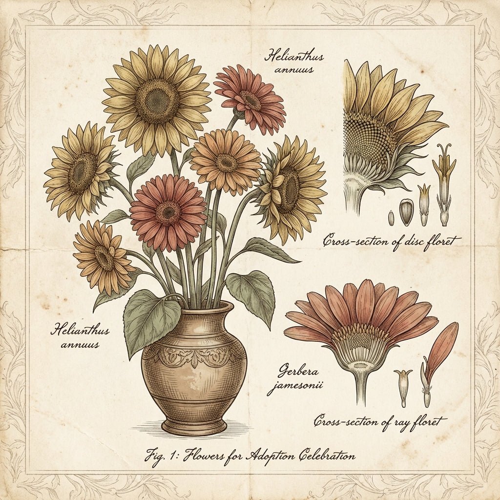 Cheerful sunflowers and gerbera daisies in a vase, symbolizing joy and new beginnings for an adoption celebration.