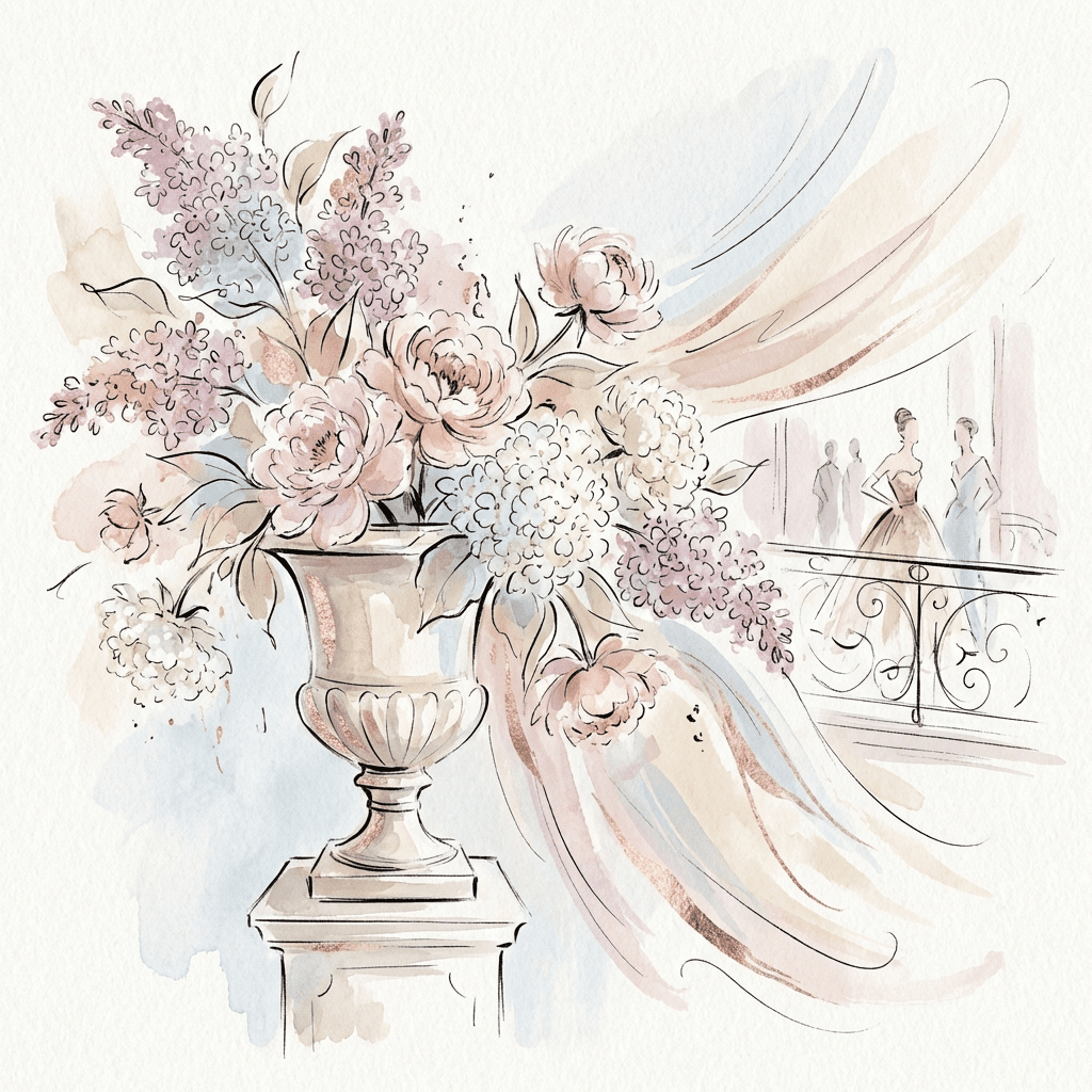 Elegant French-themed party floral arrangement with lilacs, peonies, and hydrangeas.