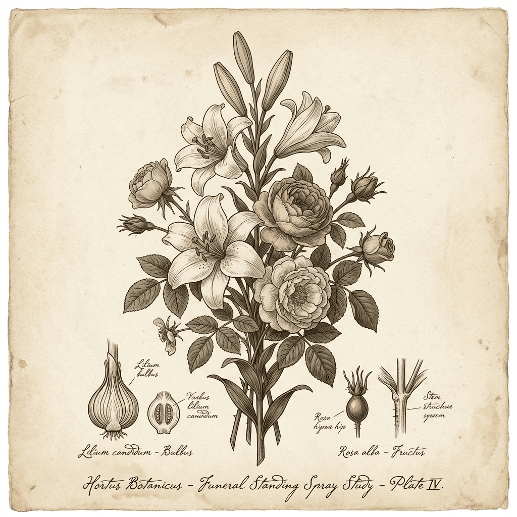 Elegant funeral standing spray with white lilies and roses.