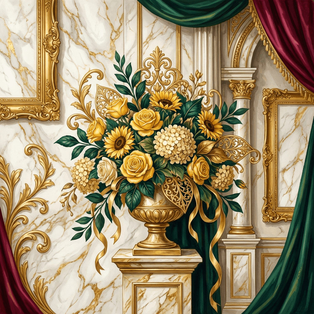 Beautiful golden anniversary flower arrangement with yellow roses and sunflowers