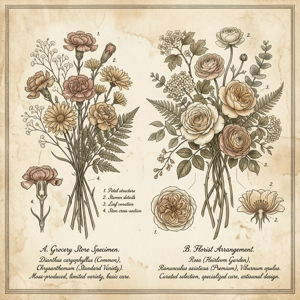 Grocery store flowers versus florist arrangement, showcasing the difference in quality and design.