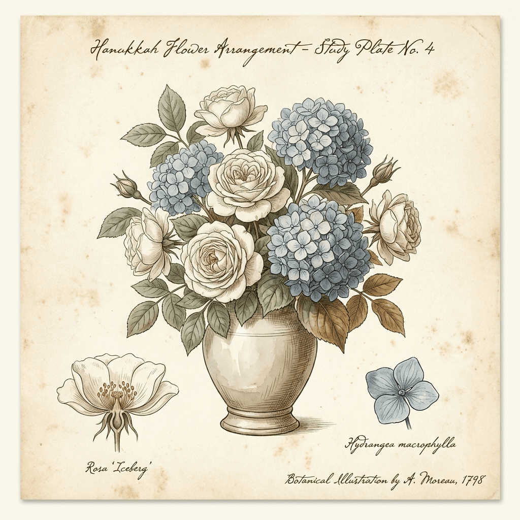 Elegant Hanukkah flower arrangement featuring white roses and blue hydrangeas.