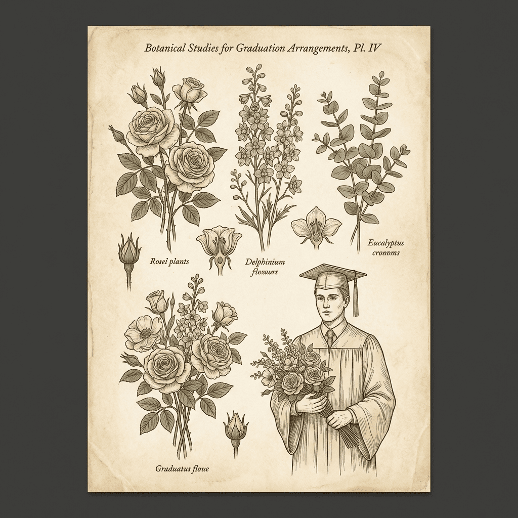 High school graduate holding a beautiful bouquet of graduation flowers