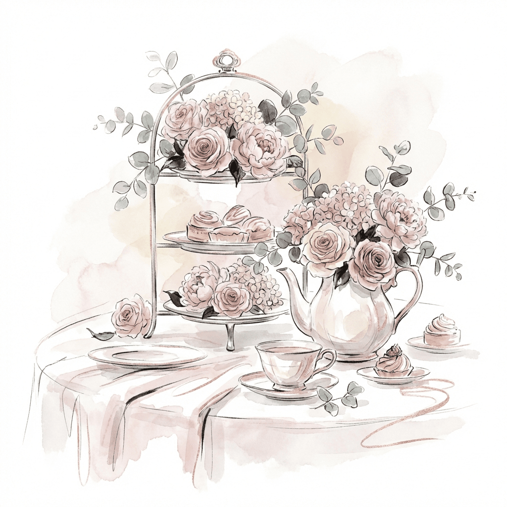 Elegant high tea table setting with luxurious floral centerpiece