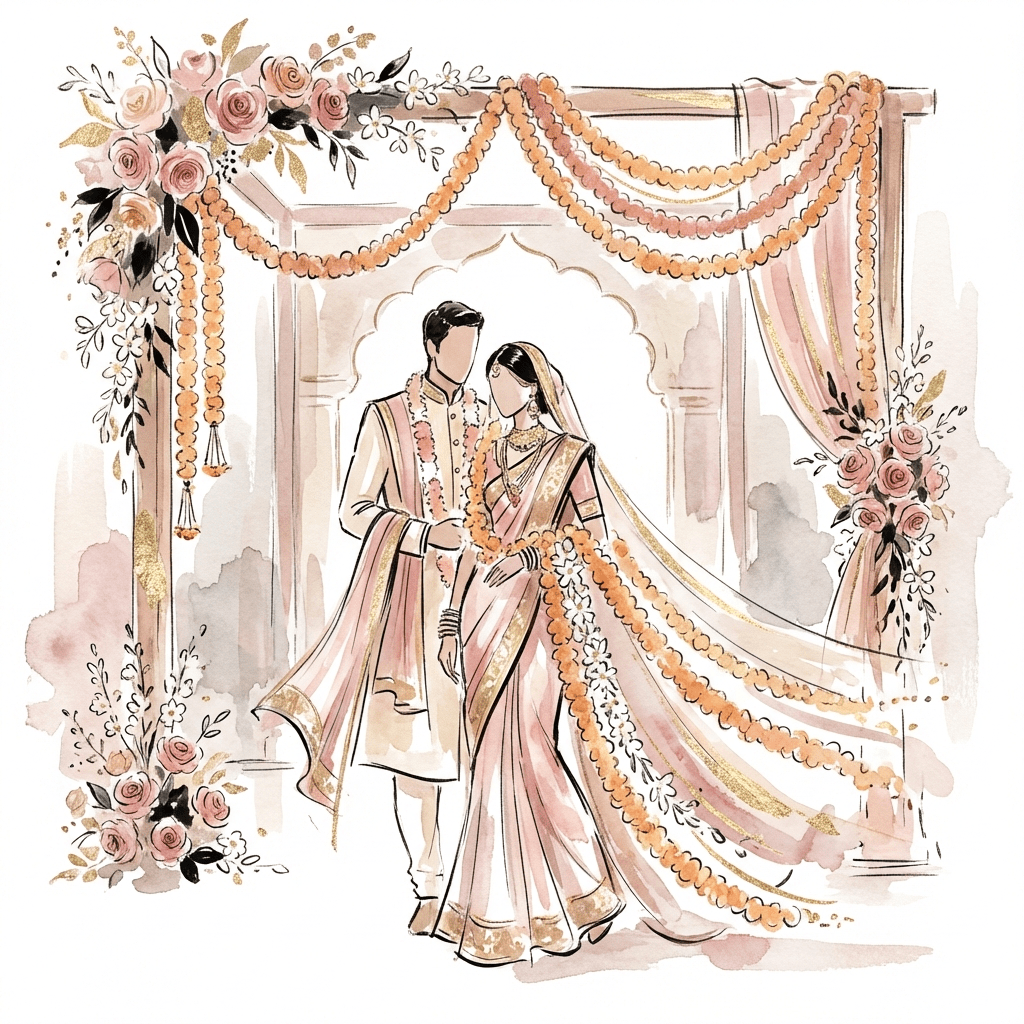 Vibrant marigold garlands adorning a Hindu wedding mandap, symbolizing auspicious beginnings and prosperity.