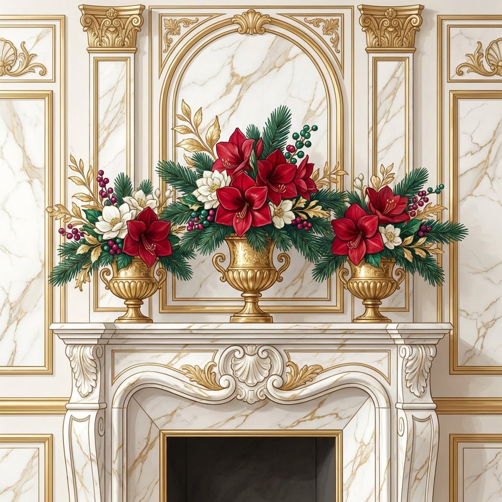 Elegant holiday mantle flower arrangement with amaryllis and pine.
