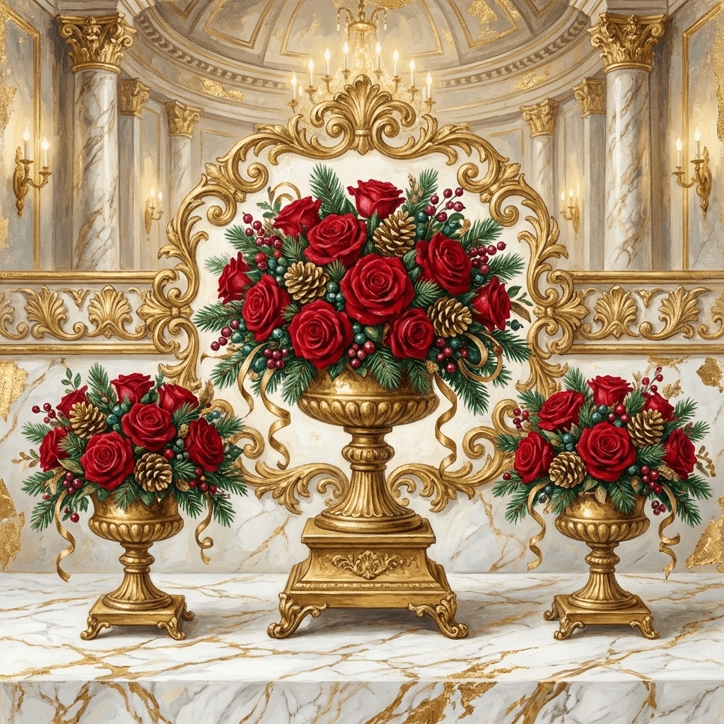 Elegant holiday party centerpiece with red roses and evergreens