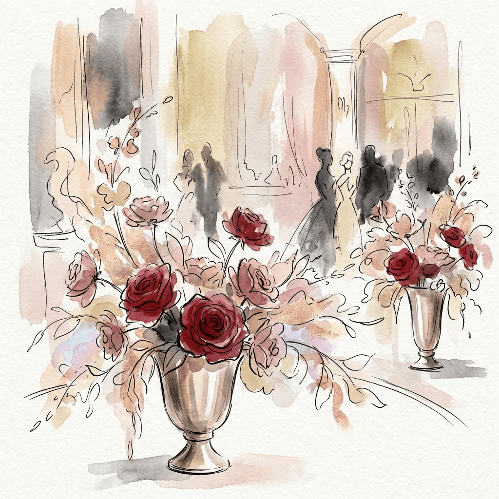 Elegant Hollywood theme party with red rose centerpieces.