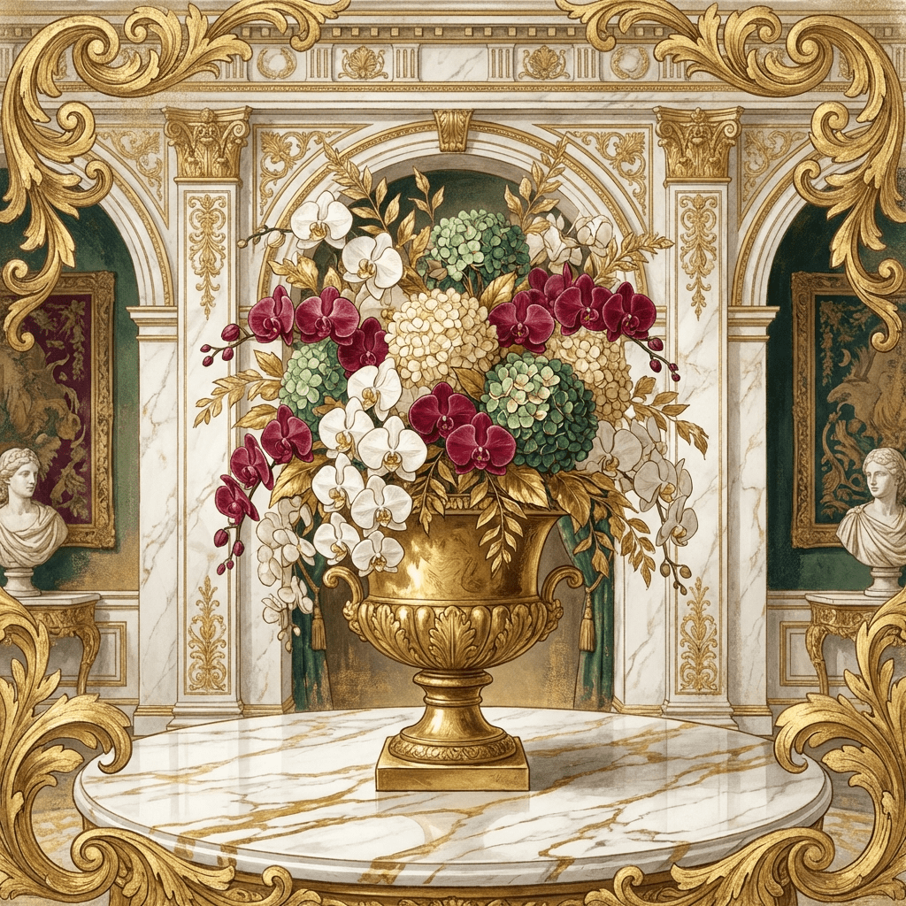 Luxury housewarming flower arrangement with orchids and hydrangeas.