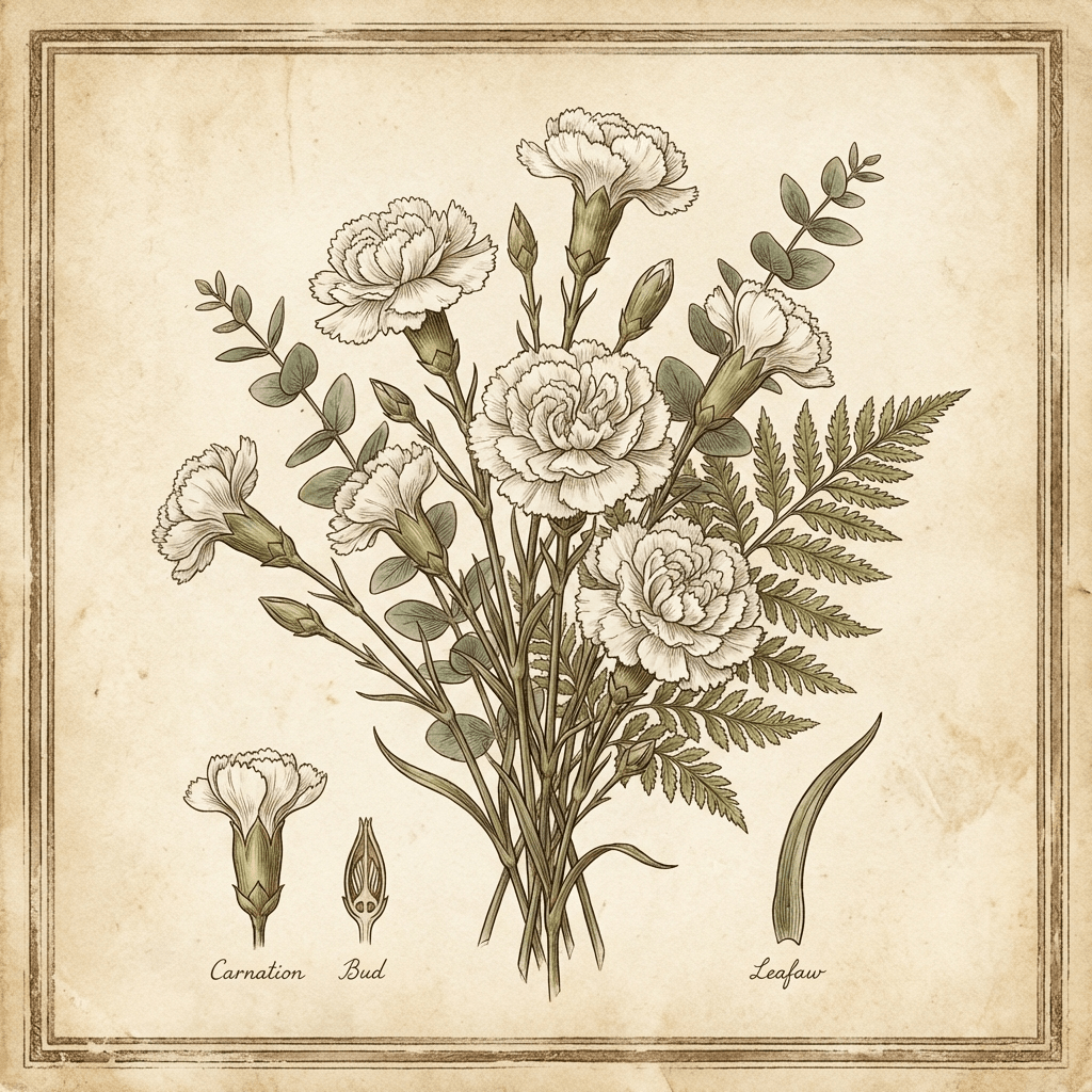 Affordable sympathy flowers arrangement with white carnations and greenery.