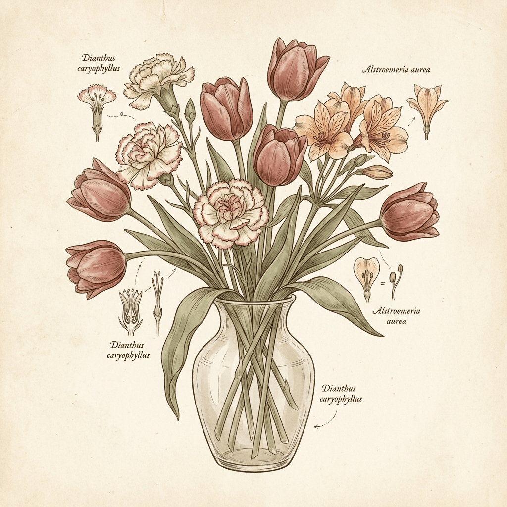 Affordable Valentine's Day flowers for wife - tulips, carnations, and alstroemeria in a vase.