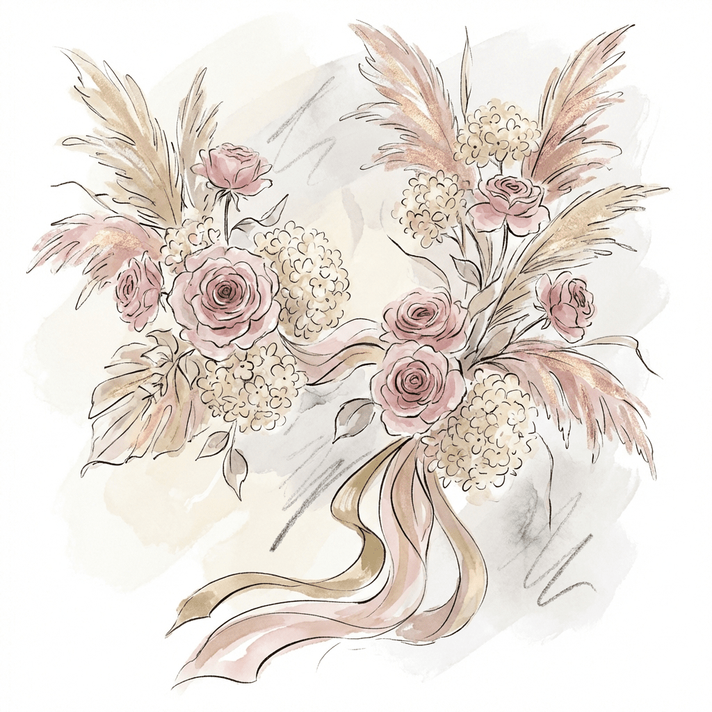 Stunning influencer event floral design featuring roses, hydrangeas, and pampas grass.