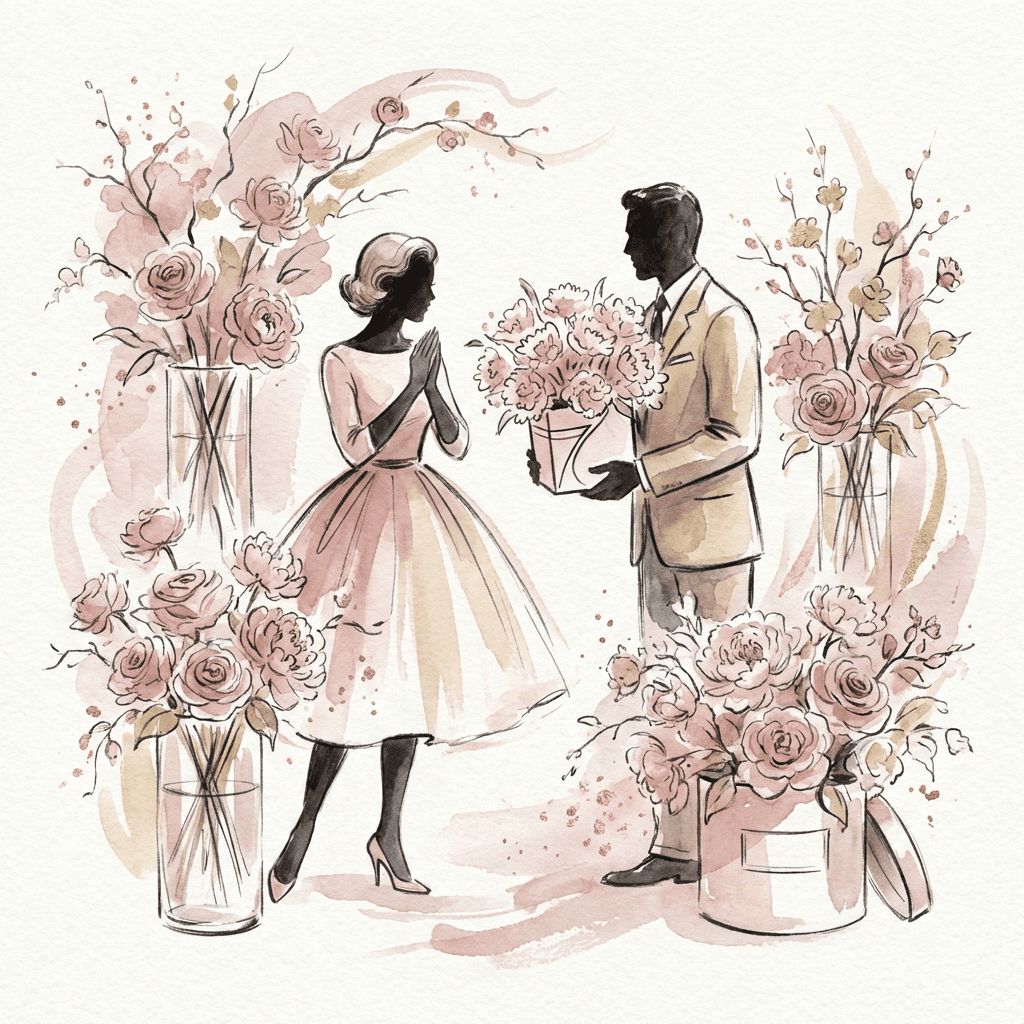 Romantic man surprising his girlfriend with just because flowers.