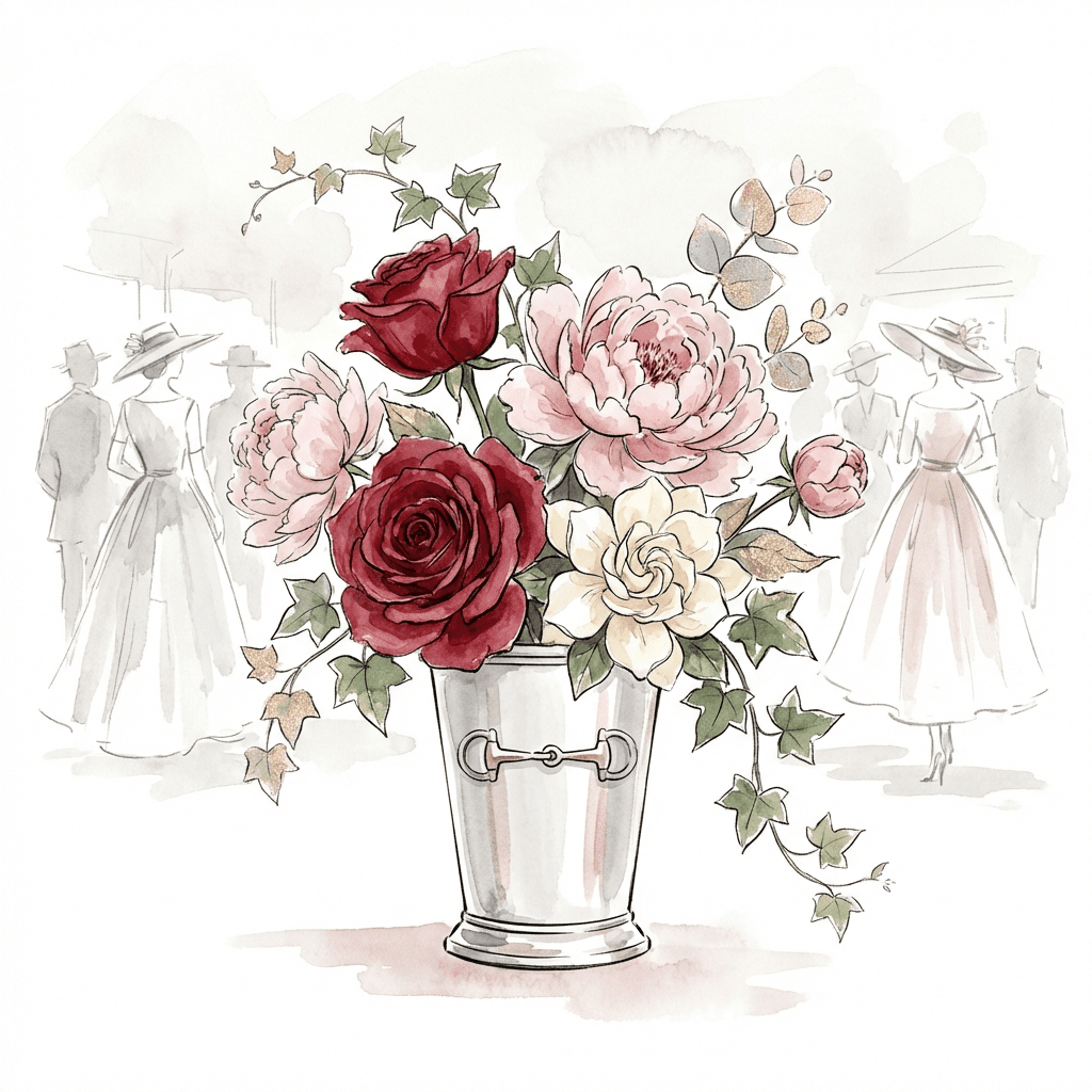 Opulent Kentucky Derby party floral arrangement with red roses.