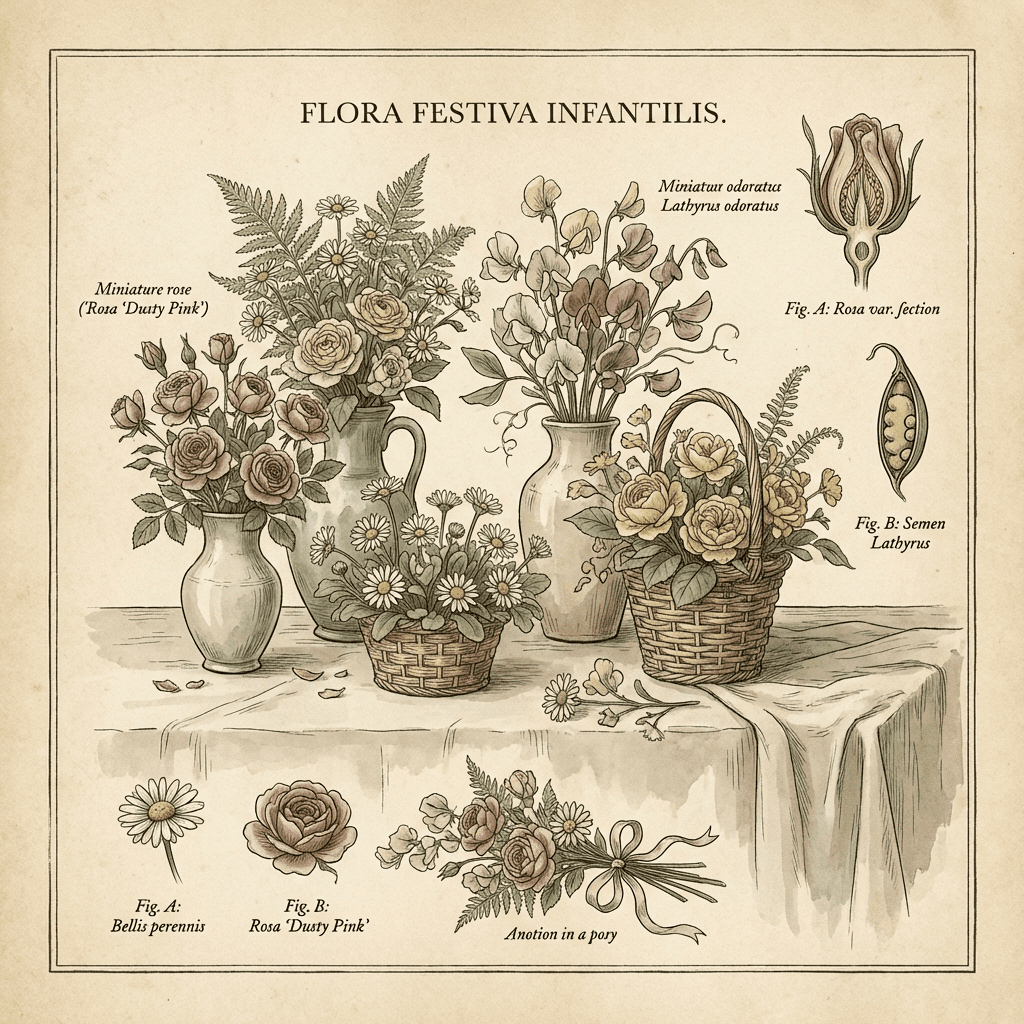 Colorful flower arrangements for a kids birthday party on a decorated table.