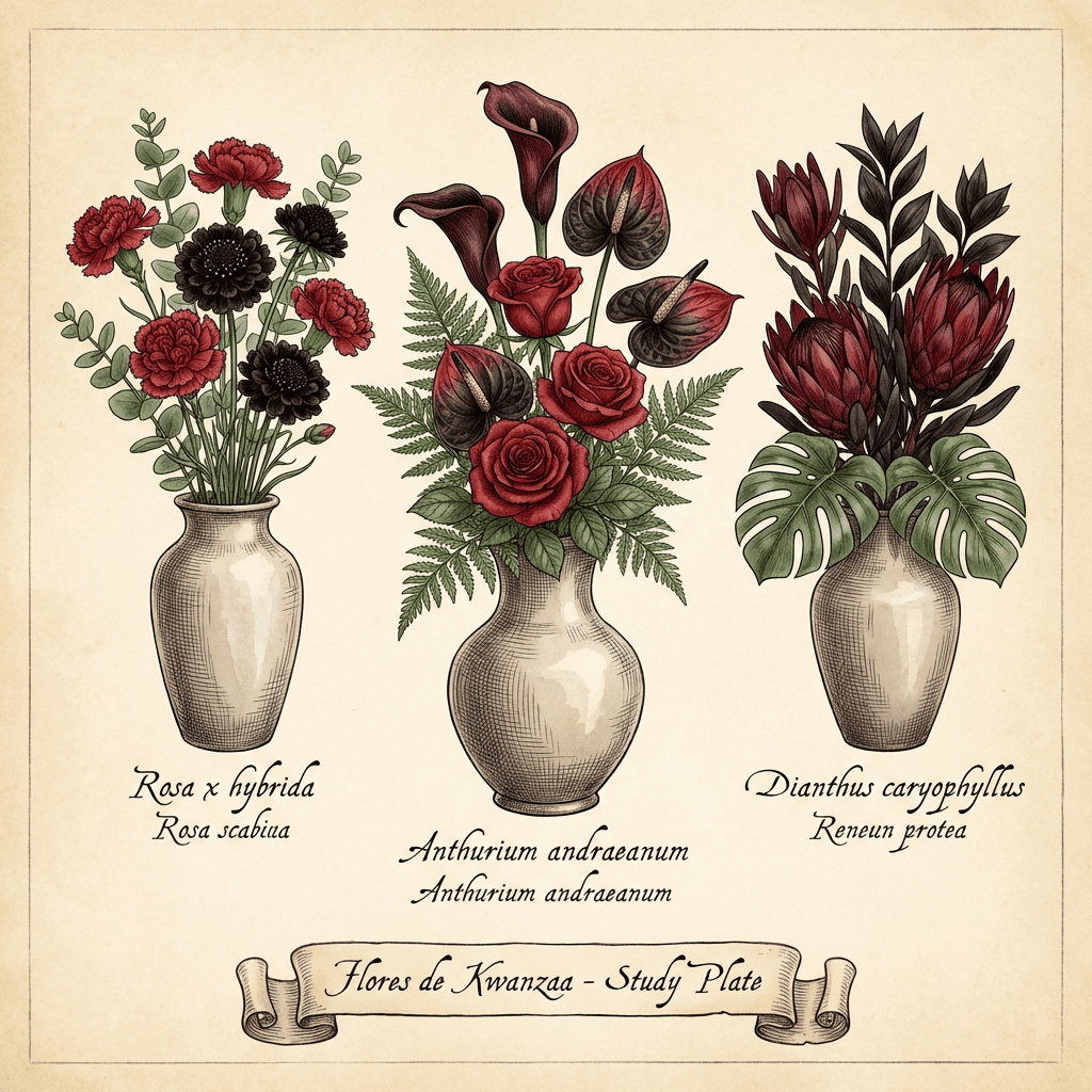 Red, black, and green Kwanzaa flower arrangement with roses, anthuriums, and carnations.