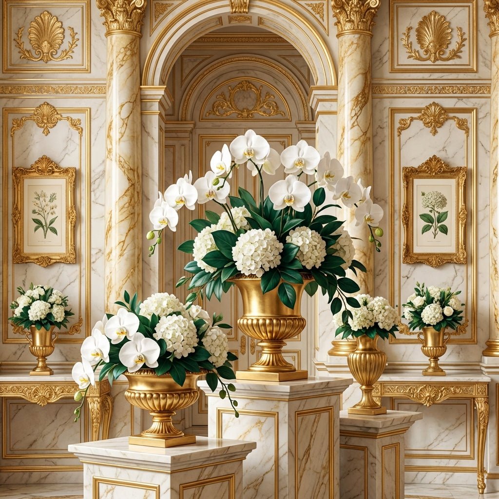 Elegant white orchids and hydrangeas in a modern law firm lobby.