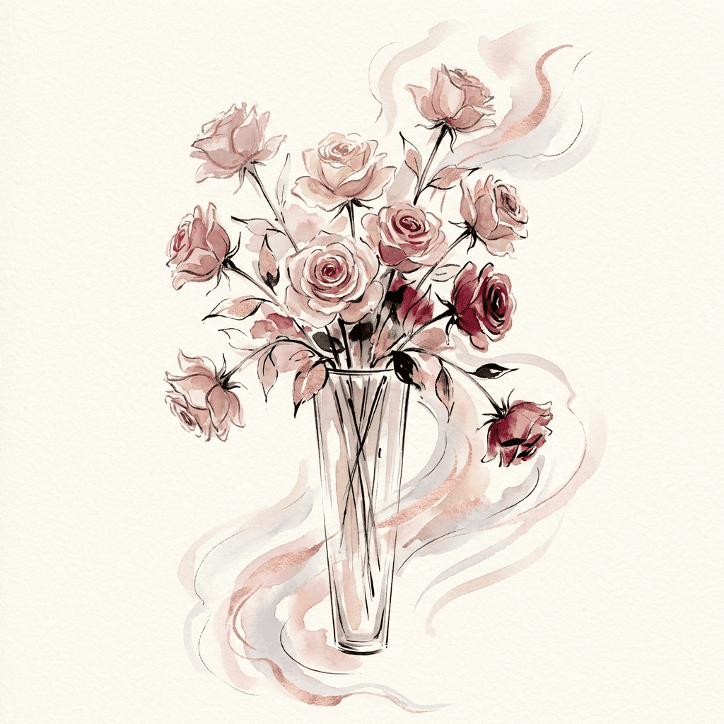 Elegant long stem red roses in a vase, symbolizing romance and love.