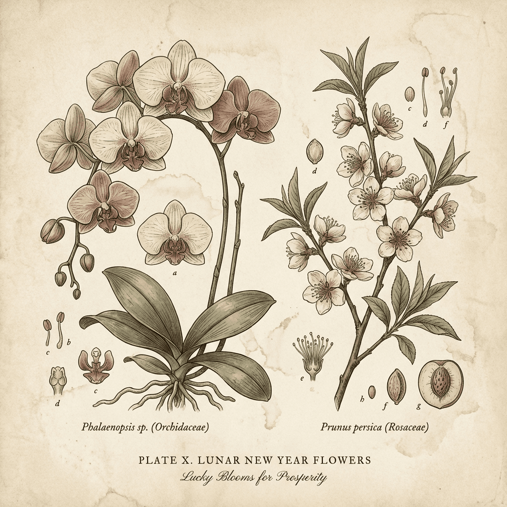 Lunar New Year flower arrangement with orchids and peach blossoms