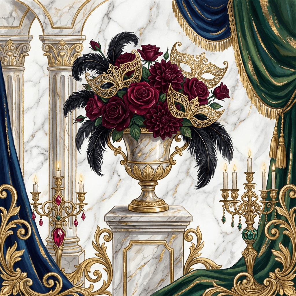 Elegant masquerade party floral arrangement with dark red roses and feathers