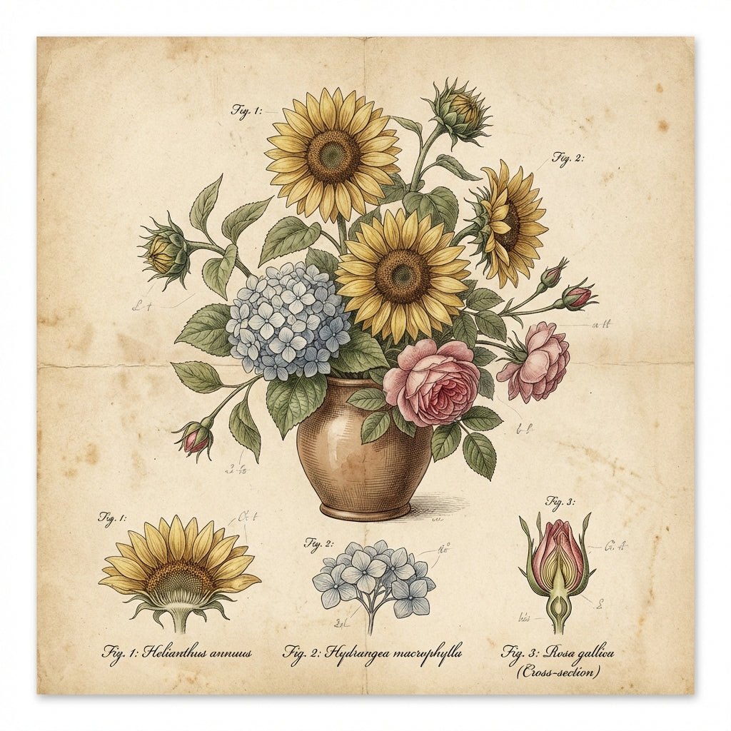 Elegant flower arrangement for a medical practice featuring sunflowers, hydrangeas, and roses.