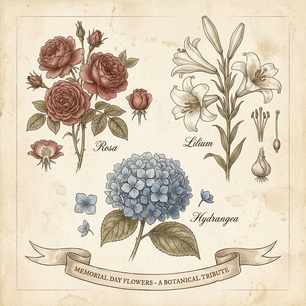 Patriotic Memorial Day flower arrangement with red roses, white lilies, and blue hydrangeas.