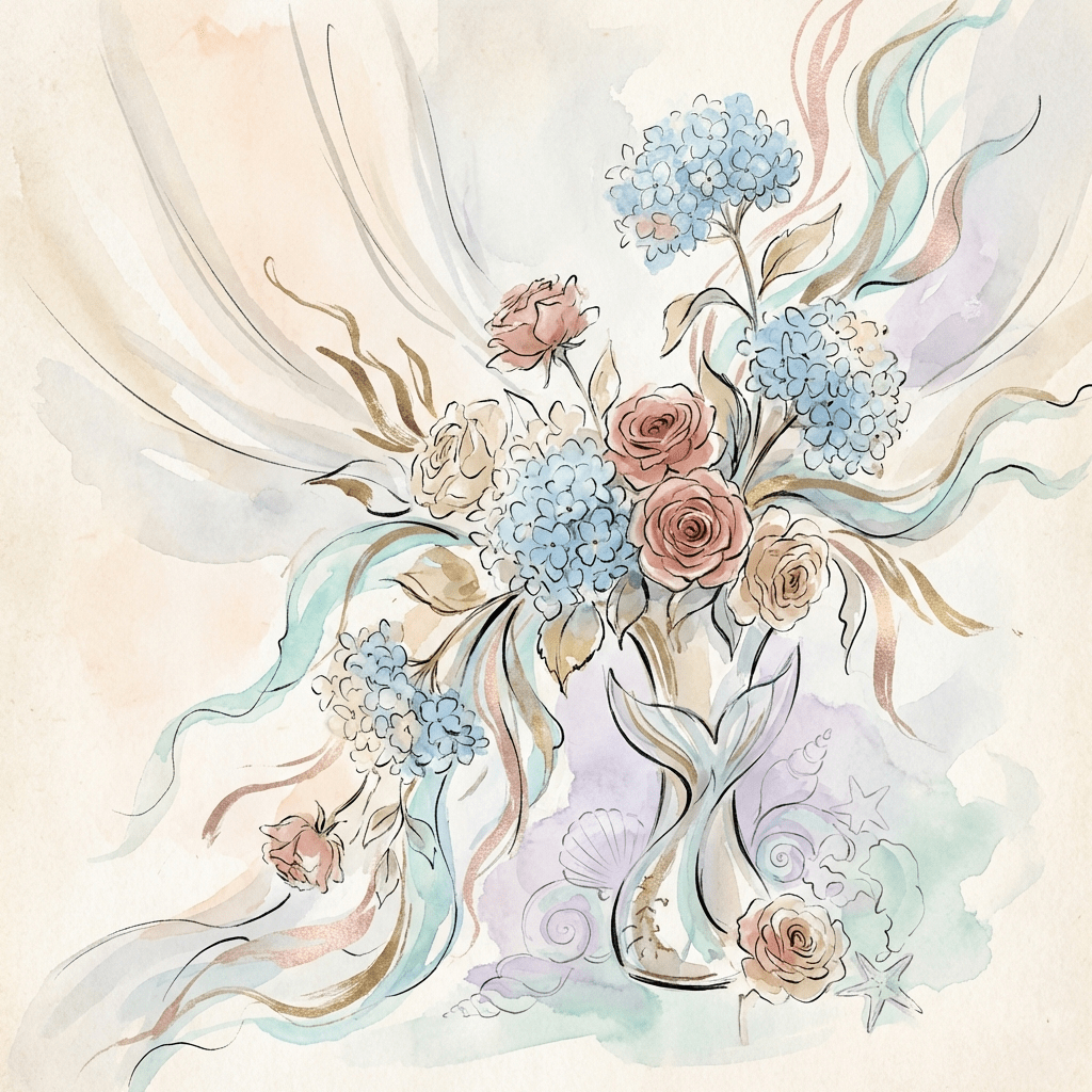 Mermaid party flower arrangement with blue hydrangeas and coral roses