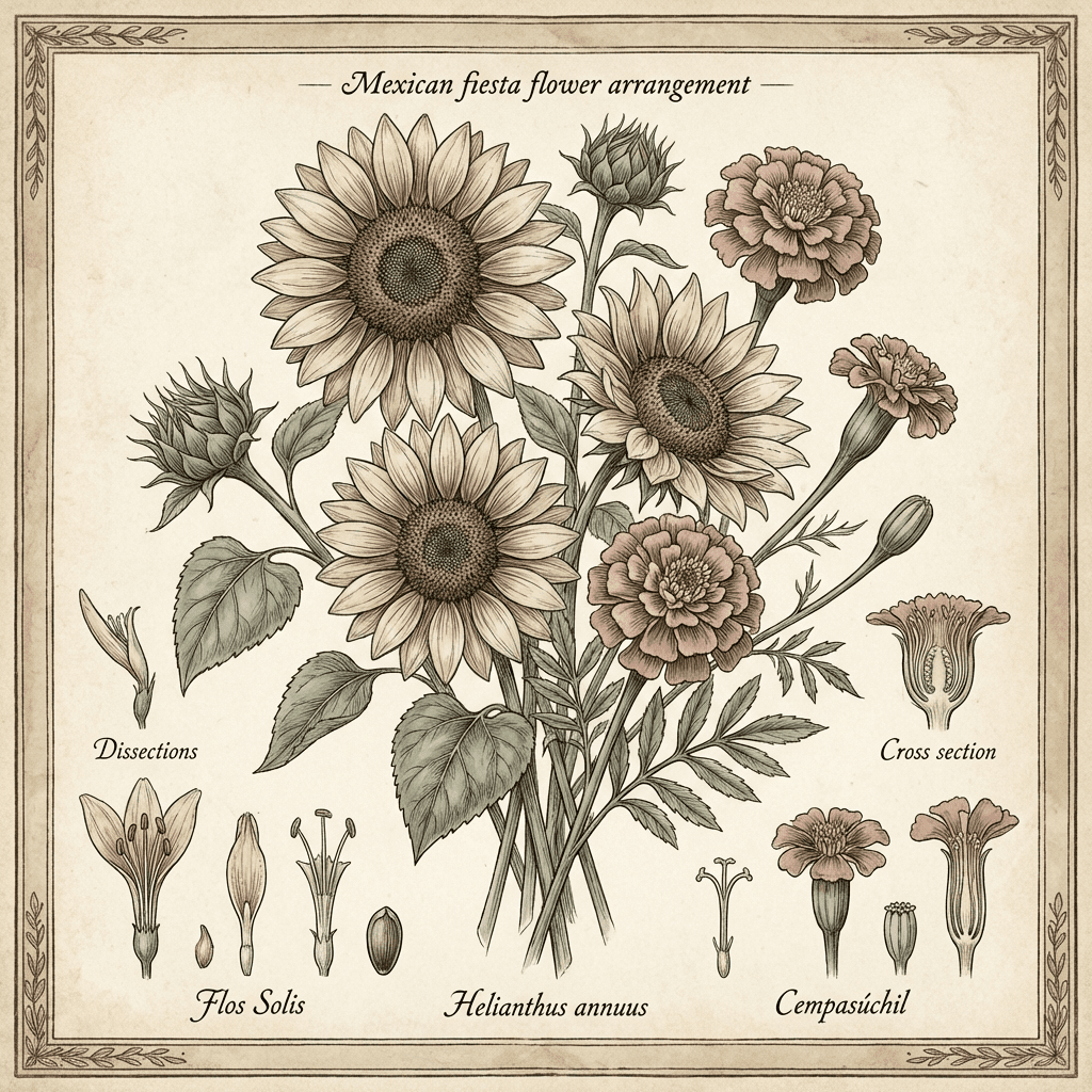 Vibrant Mexican fiesta party flower arrangement with sunflowers and marigolds