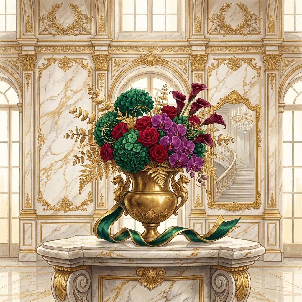 Elegant office lobby featuring a Bloom Boom monthly flower arrangement.