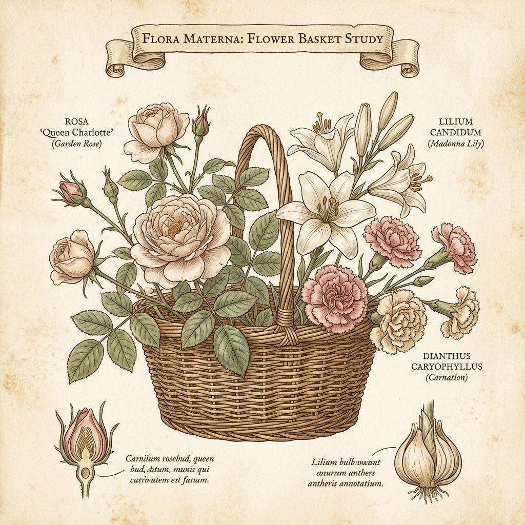 A beautifully arranged Mother's Day flower basket with roses, lilies, and carnations.