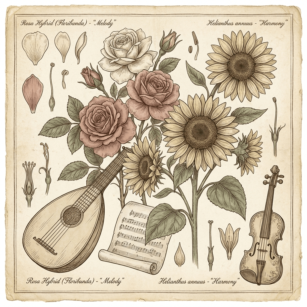 Floral arrangement for a music theme party with roses and sunflowers.